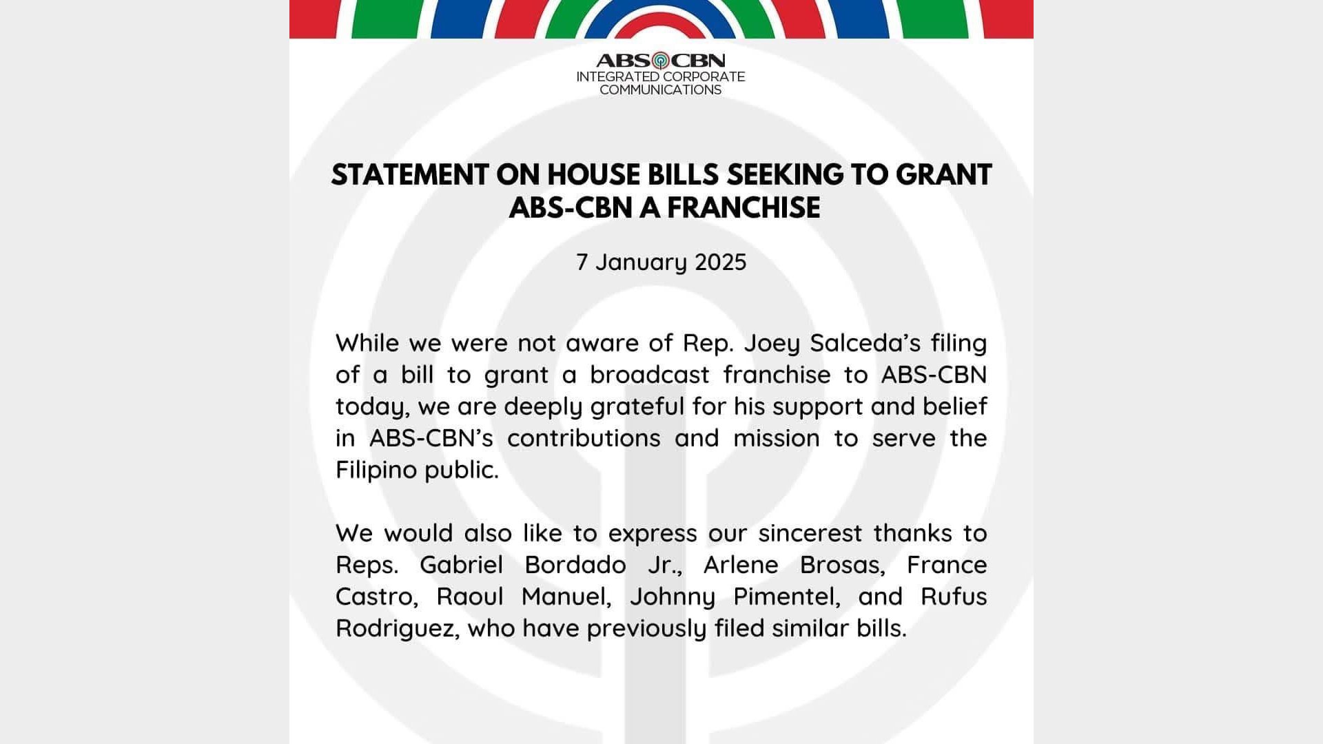 ABS-CBN releases statement on new franchise renewal efforts