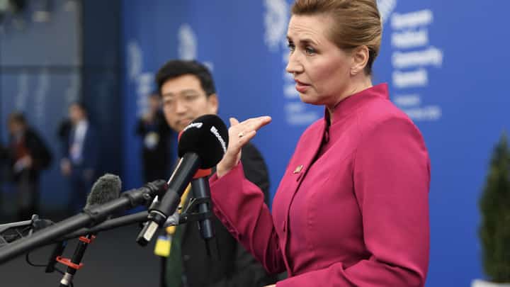 Denmark's Prime Minister Mette Frederiksen gives a statement as she arrives for the European Political Community Summit in Budapest, on 7 November 2024.