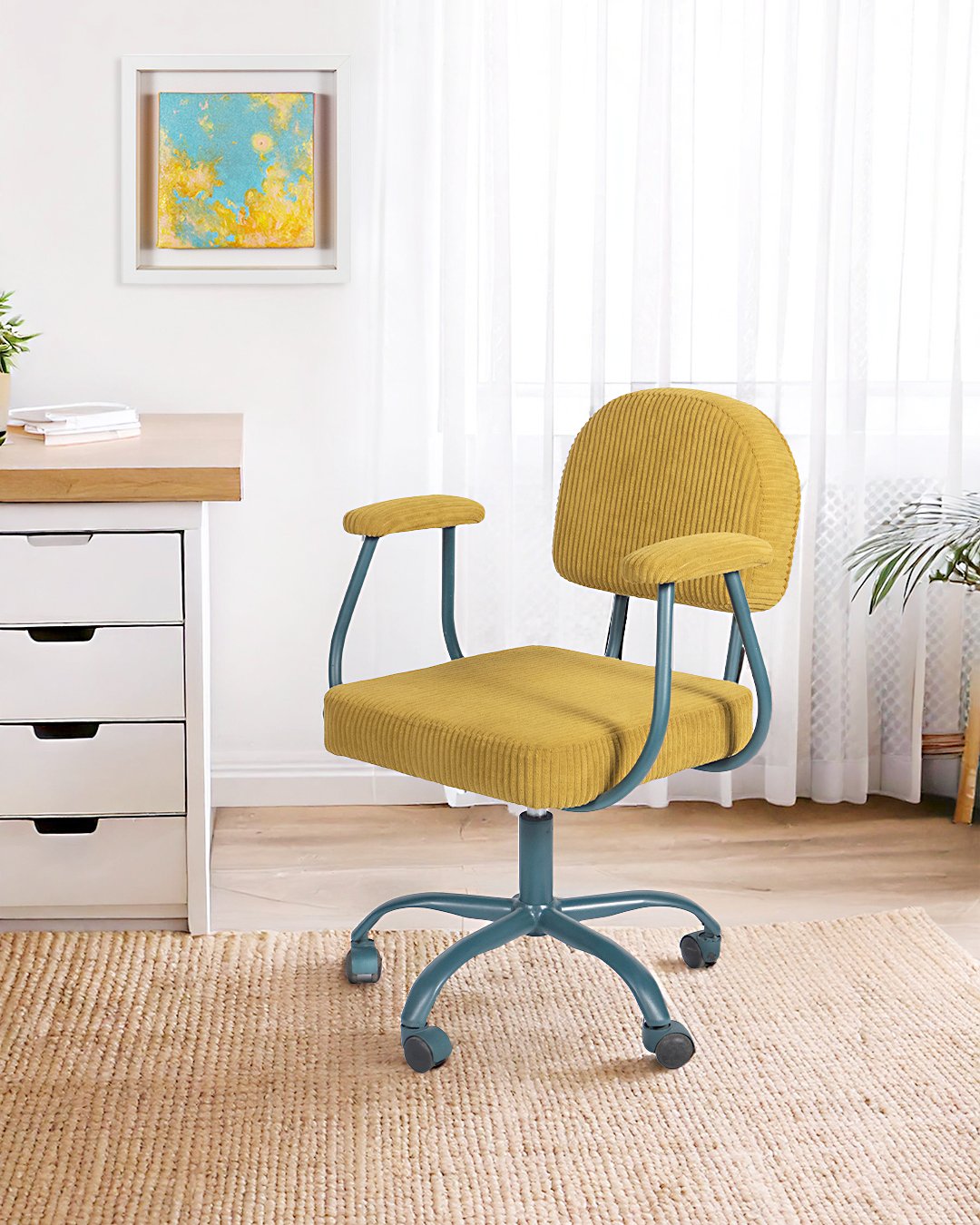 The Arko Swivel Chair blends metal and fabric in an eclectic design that adds quirky charm to any space.