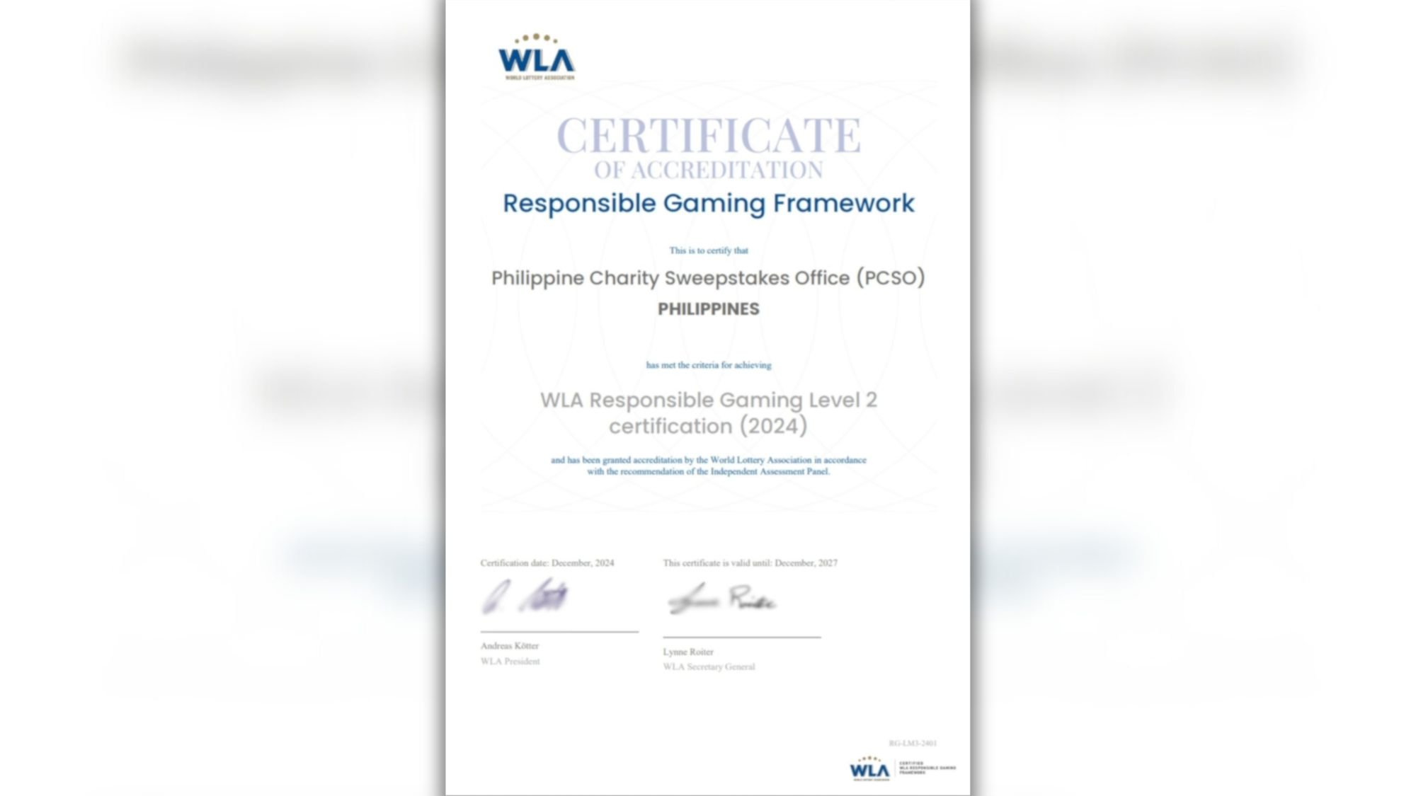 PCSO earns WLA Level 2 certification for Responsible Gaming