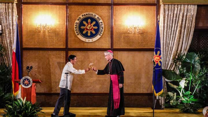 President Ferdinand "Bongbong" Marcos Jr. and Apostolic Nuncio to the Philippines Archbishop Charles Brown share a toast during the Vin d'Honneur for government officials and the diplomatic corps at Malacañan Palace on 11 January, 2025.