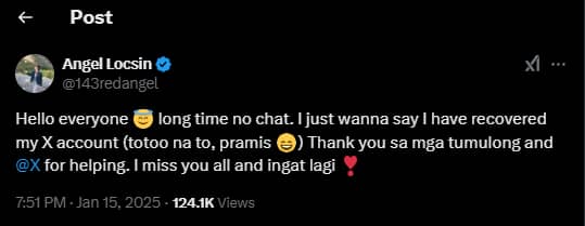 Angel Locsin official post on X after hacking incident