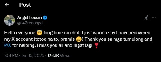 Angel Locsin official post on X after hacking incident
