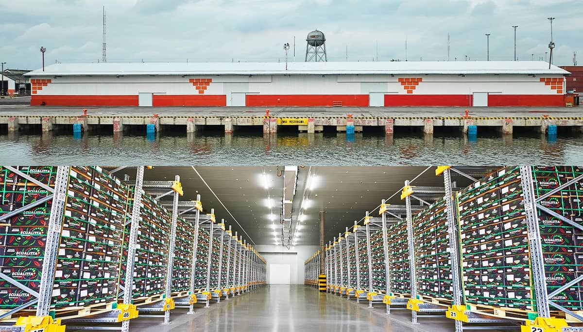 Aerial and indoor view of CGSA’s on-dock cold storage facility