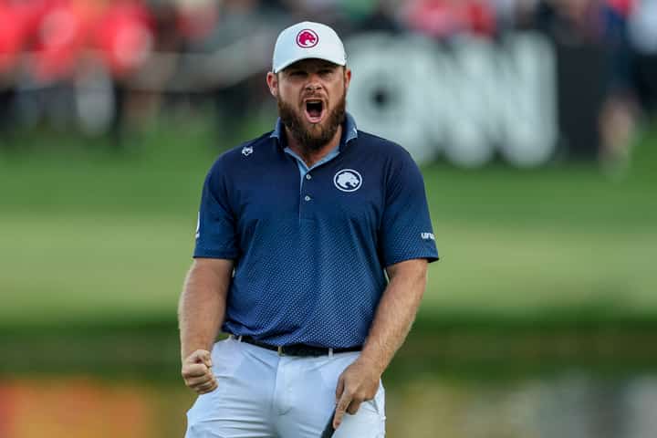 TYRELL Hatton celebrates after putting on the 18th green en route to winning the Dubai Desert Classic.