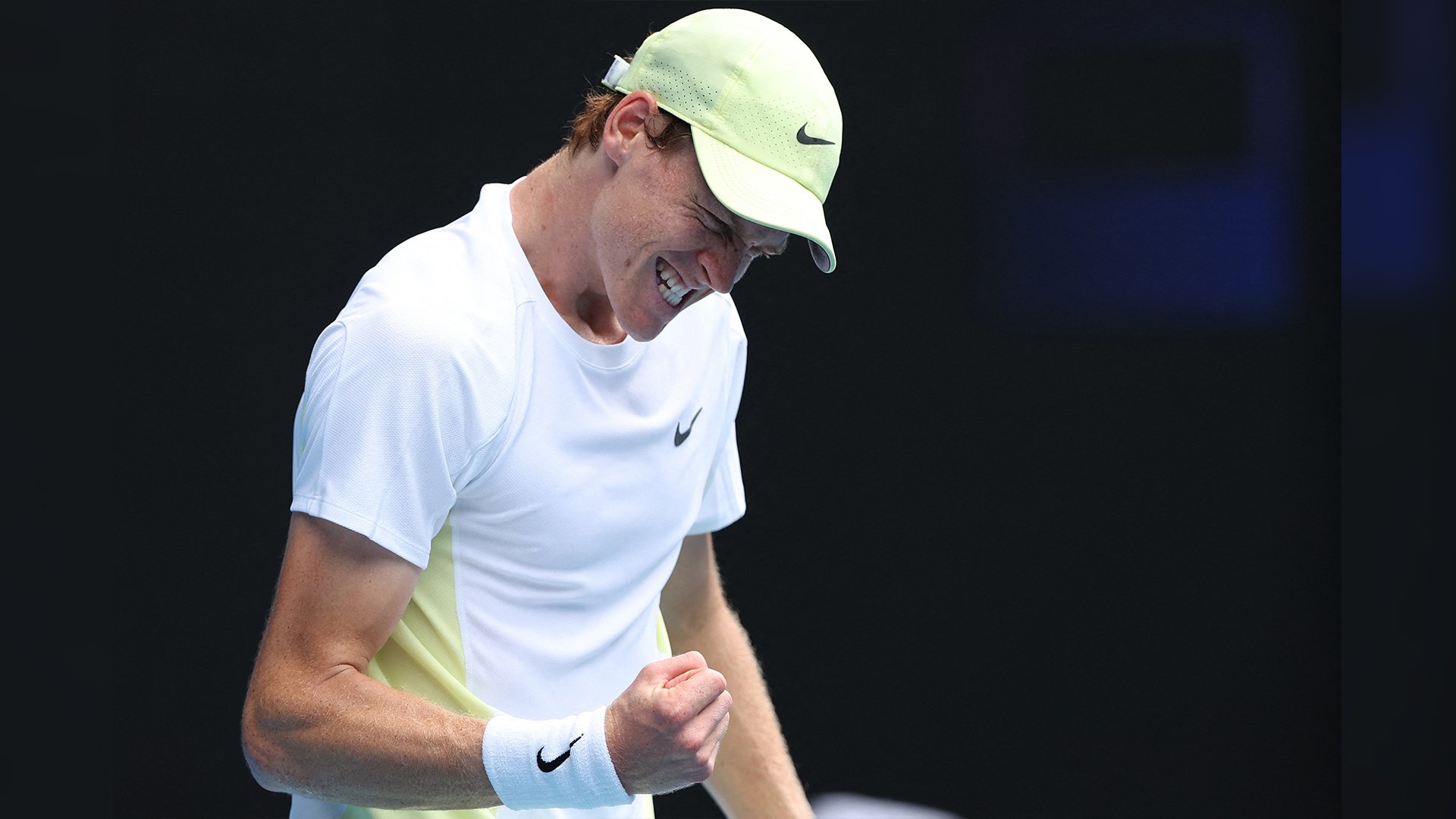JANNIK Sinner reacts after overcoming the energy-sapping heat and a long interruption caused by a broken net to book a 6-3, 3-6, 6-3, 6-2 over Holger Rune to advance to the quarterfinals of the Australian Open.