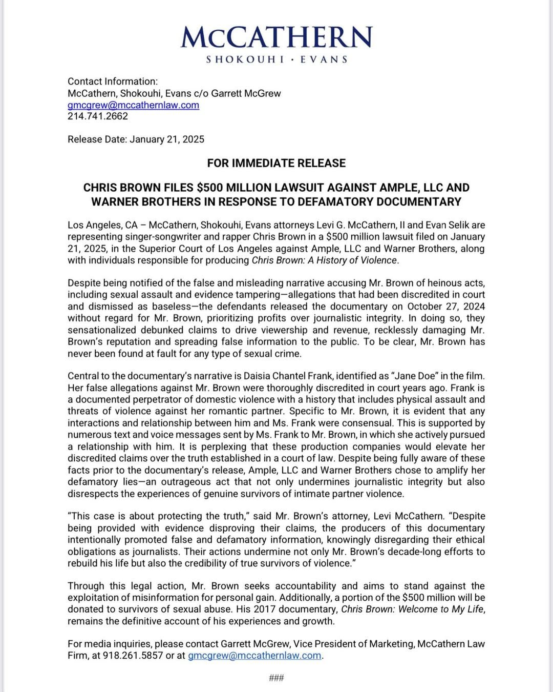 Chris Brown's legal team statement
