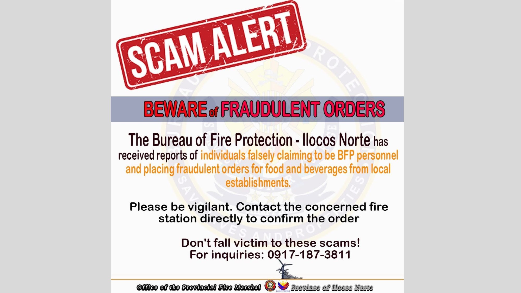 BFP Ilocos Norte warns public of fraudulent food orders by scammers