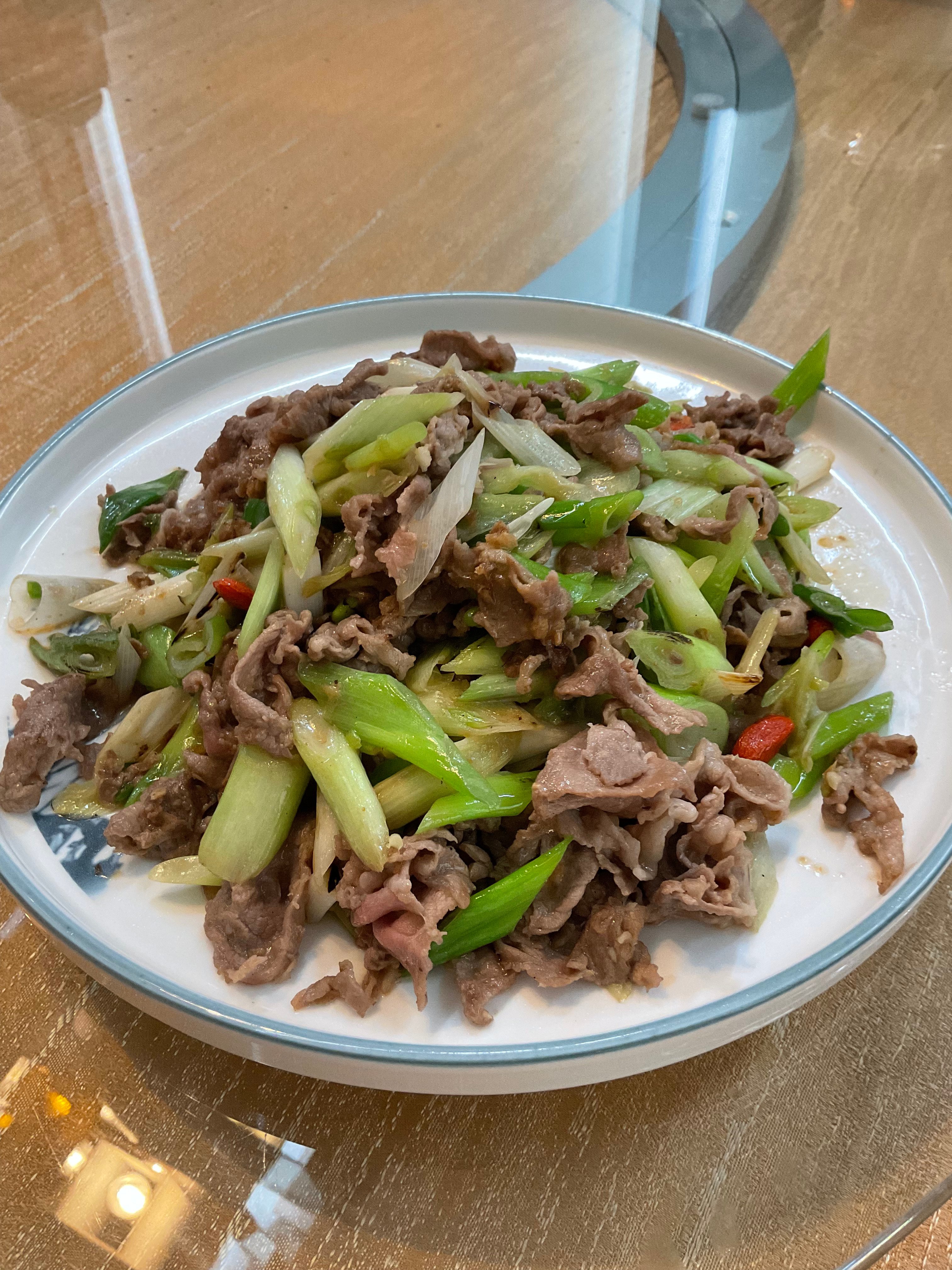 Wok Fried Sliced Lamb, Leek and Bean Curd Paste.