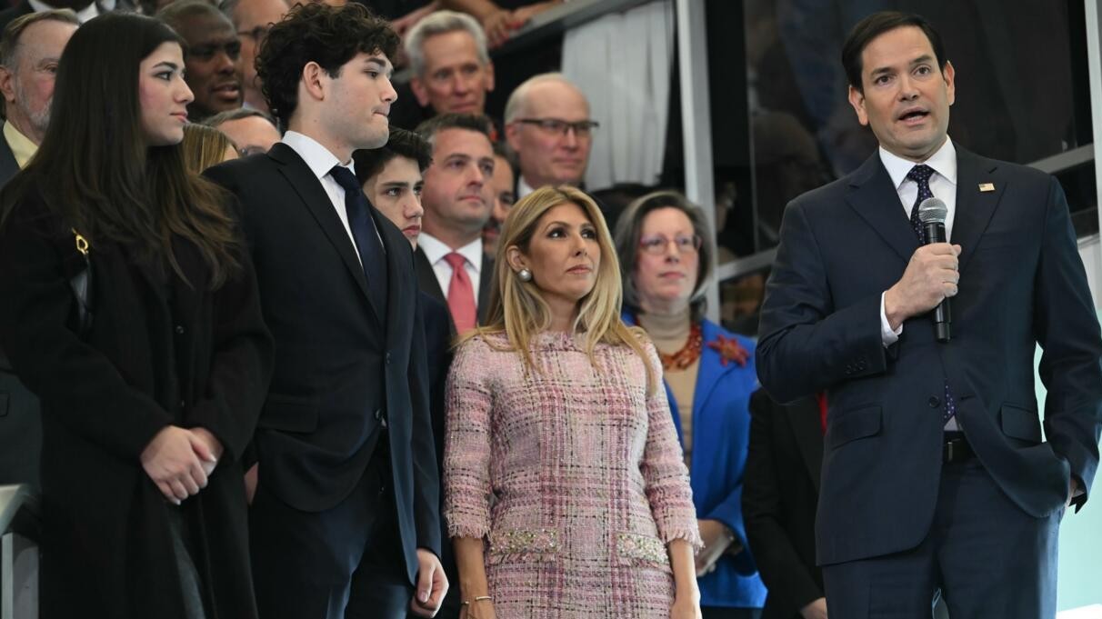 US Secretary of State Marco Rubio speaks to employees upon arrival at the State Department on January 21, 2025