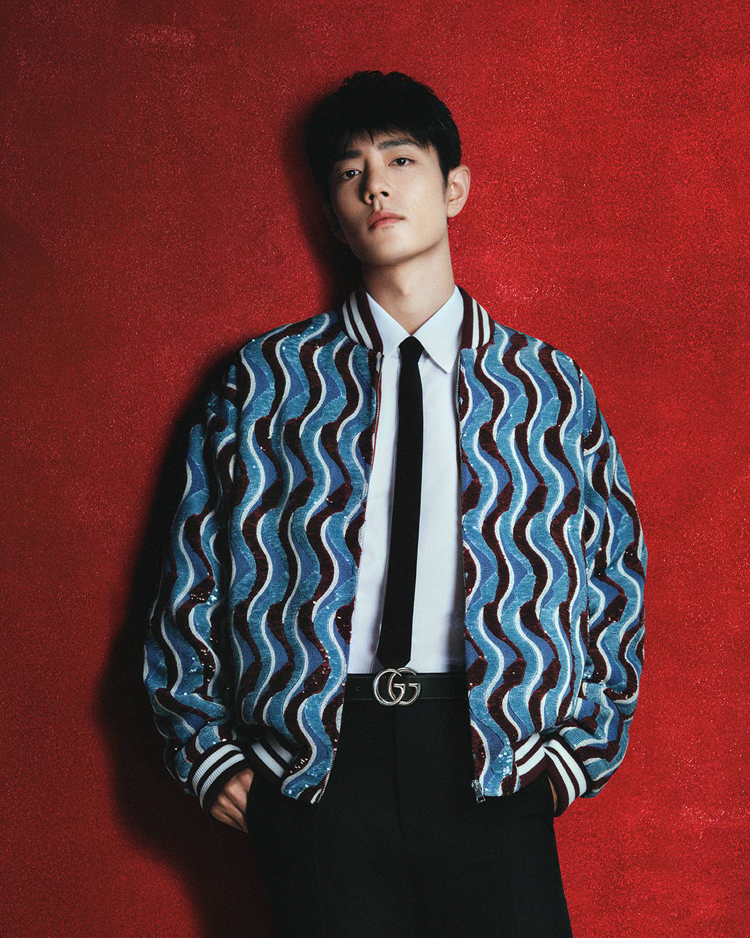 Gucci Cotton Poplin Shirt, Silk Tie with Double G Detail, GG Marmont Belt, Gucci Wool Blend Twill Pant and Embroidered Zip-Up Jacket