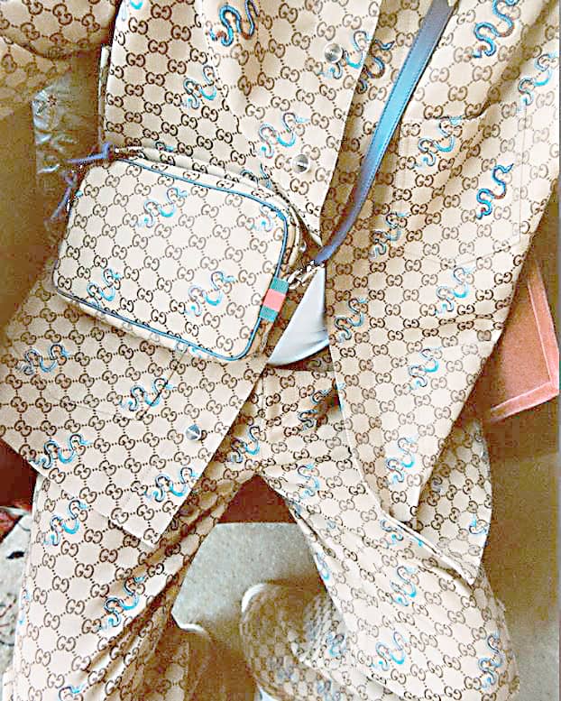 Embroidered GG Canvas Shirt and Pants with small embroidered snake crossbody bag.