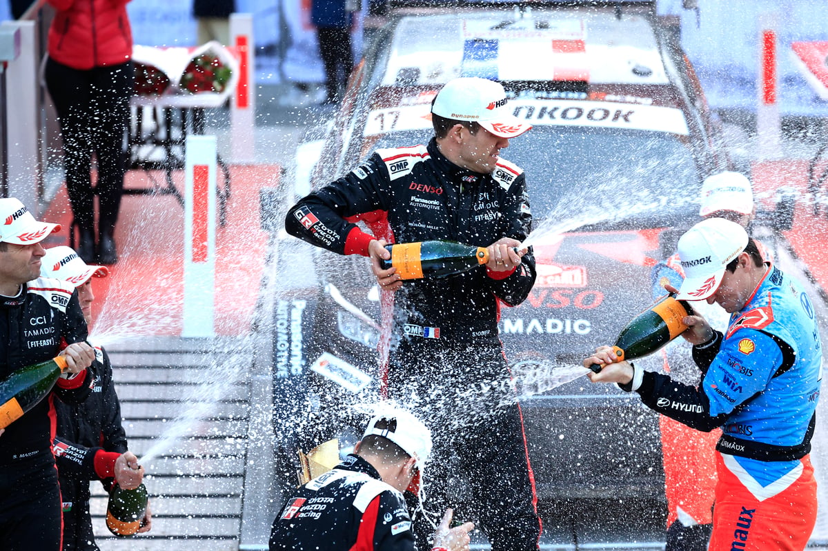 Toyota Gazoo Racing Wrt Team’s French driver Sebastien Ogier and French co-driver Vincent Landais celebrate after winning the 93rd WRC Monte-Carlo Rally.