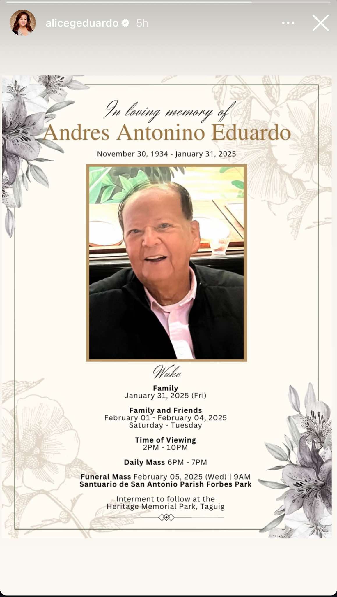 Alice Eduardo confirms the passing of their father Andres Antonion Eduardo on Friday