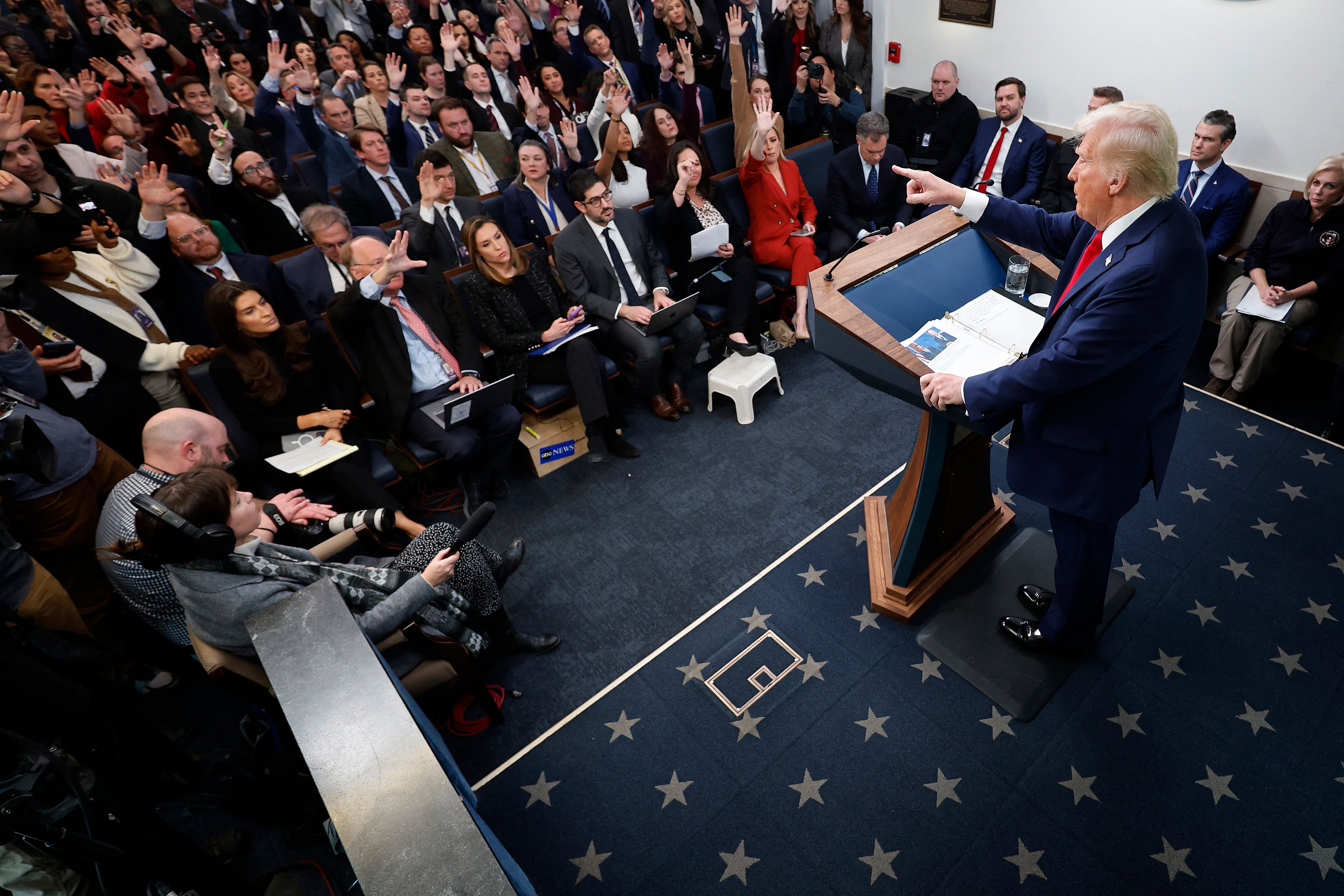 UNITED States President Donald Trump calls on reporters during a press conference about the collision of an American Airlines flight with a military helicopter near Ronald Reagan National Airport in the Brady Press Briefing Room at the White House on 30 January 2025 in Washington, DC.