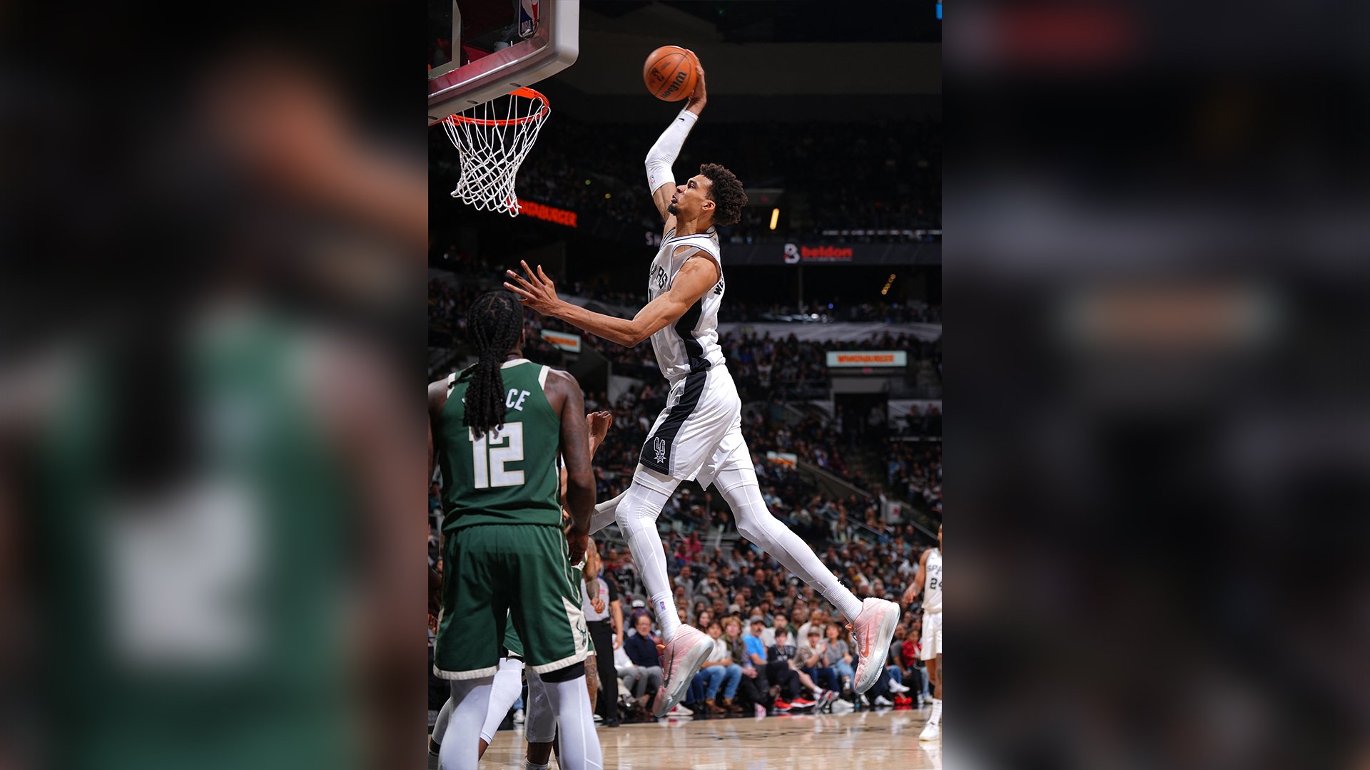 Victor Wembanyama bangs in 30 points, grabs 14 rebounds and blocks six shot to power the San Antonio Spurs to a 144-118 win over the Milwaukee Bucks on Friday in their NBA regular season game.