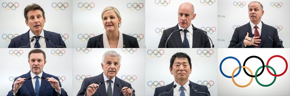 COMBO) This combination of pictures shows candidates for the presidency of the International Olympic Committee (IOC) (FROM TOP L) Sebastian Coe, Kirsty Coventry, Johan Eliasch, Prince Feisal al-Hussein of Jordan, David Lappartient, Juan Antonio Samaranch Junior and Morinari Watanabe speaking during a press conference following a presentation before fellow IOC members, in Lausanne on 30 January 2025. Seven candidates are competing in the elections for the IOC presidency at the 143rd IOC Session, to be held in Greece from 18 TO 21 March 2025.