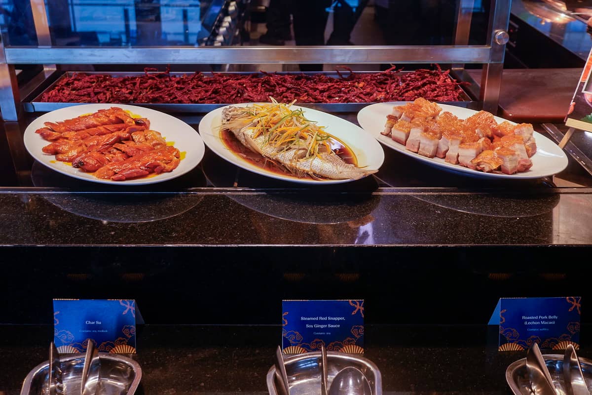 Char Siu, Steamed Red Snapper in Soy Ginger Sauce, and Roasted Pork Belly.