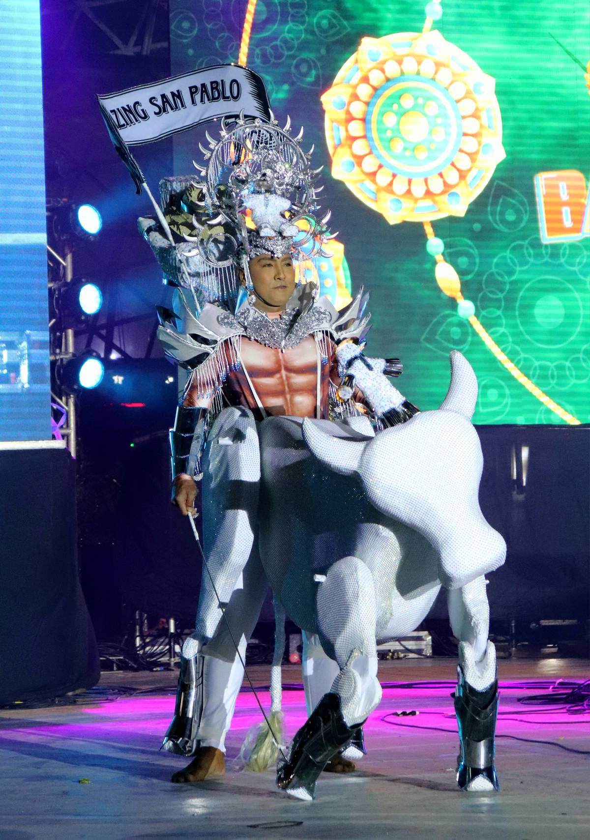 San Pablo’s festival king as a ‘cow warrior.’