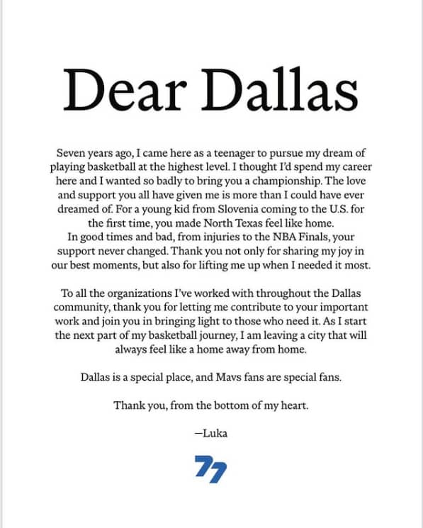 Luka's farewell letter to Dallas