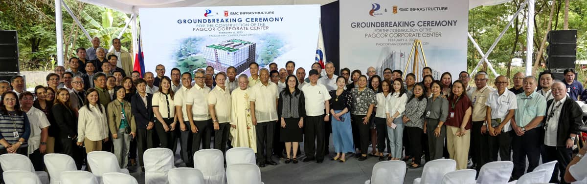 Top executives of PAGCOR and SMC gather for a photo opportunity during the groundbreaking ceremony of the PAGCOR Corporate Center at the Nayong Pilipino Complex in Pasay City on 6 February.