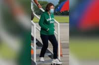 Then Davao City mayor Sara Duterte descend from a plane in Cebu city to meet with BBM before May 2022 Presidential election.