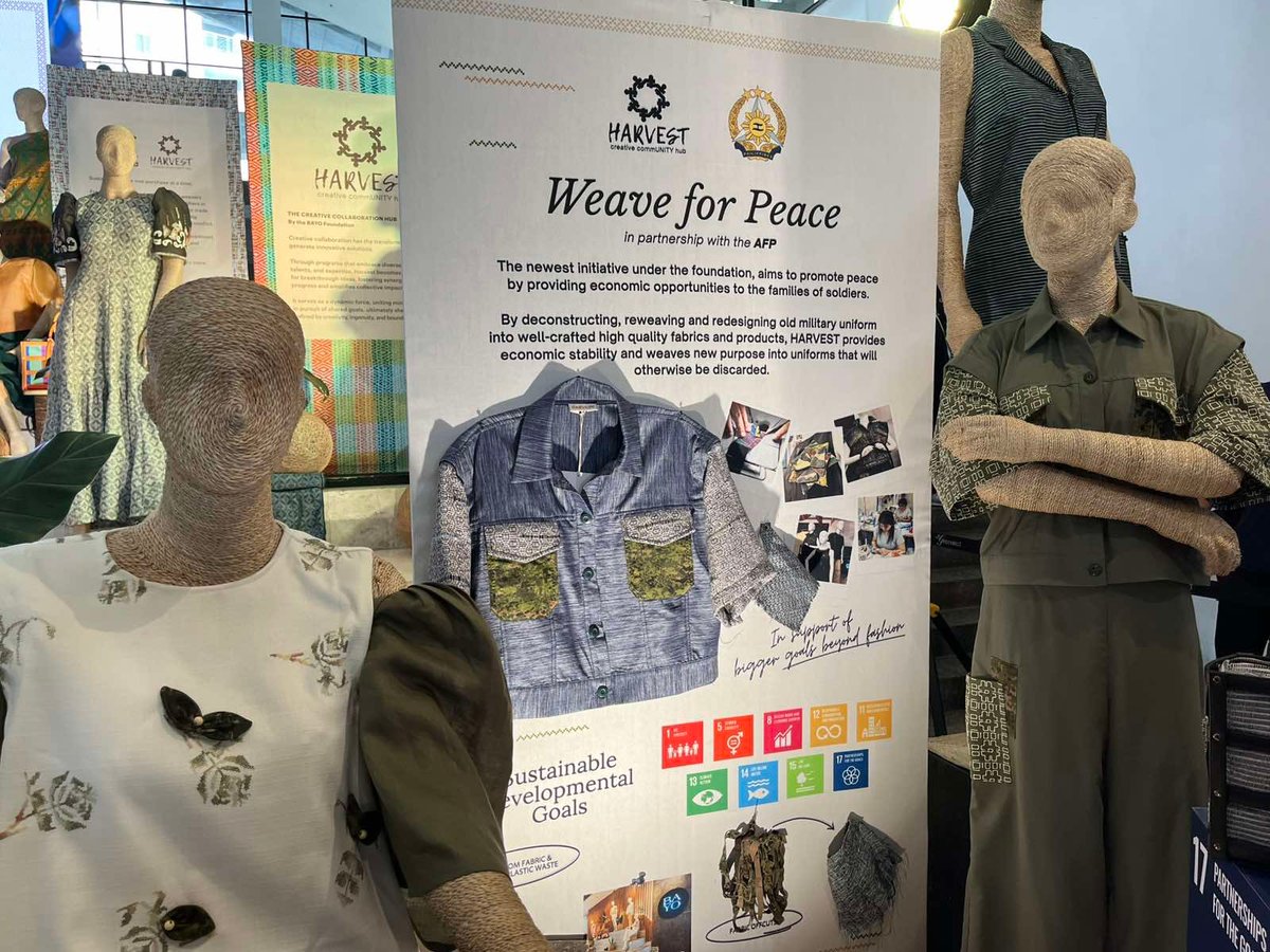 Clothes crafted from old military uniforms on display at the event.