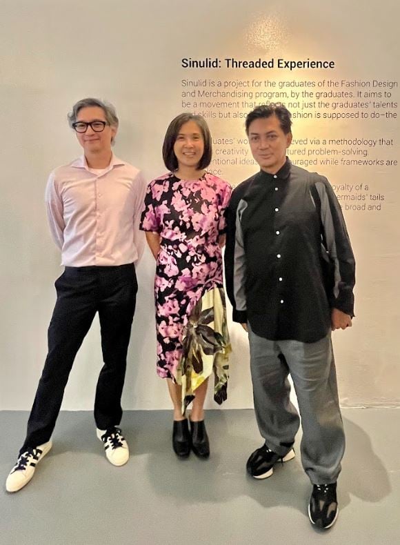 the team behind Sinulid:  Gabby Lichauco, exhibition designer; Dindin Araneta, director, Center for Campus Art Michael Salientes, exhibition stylist;  (missing in photo) Jay Aranda, lighting designer; and Ria de Borja, exhibition text and catalog editor.