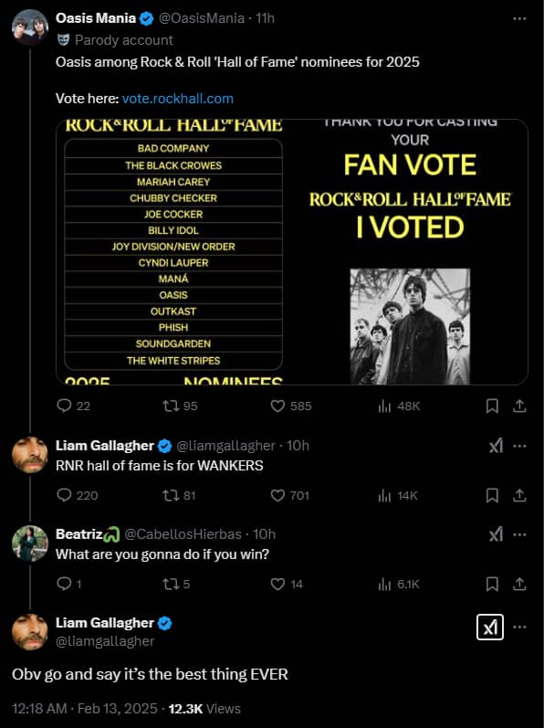 Gallagher expressed his remarks on the band's RNR nomination on his X account.
