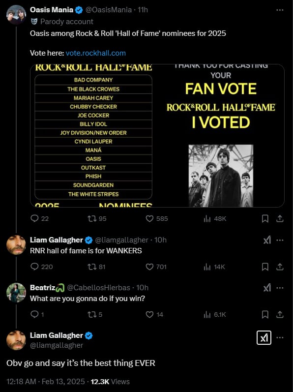 Gallagher expressed his remarks on the band's RNR nomination on his X account.