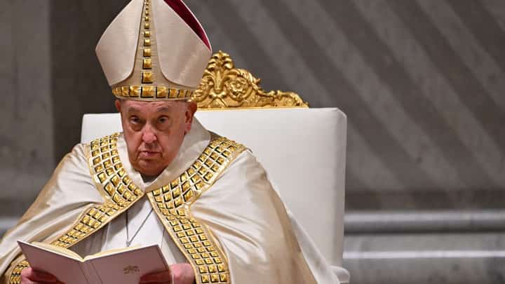 (FILES) Pope Francis leads a mass during the first Vespers and the Te Deum prayer as part of the New Year's celebrations in Saint Peter's Basilica, at the Vatican, on 31 December 2024. Pope Francis was admitted to hospital in Rome on 14 February 2025 for tests and treatment for ongoing bronchitis, the Vatican announced.