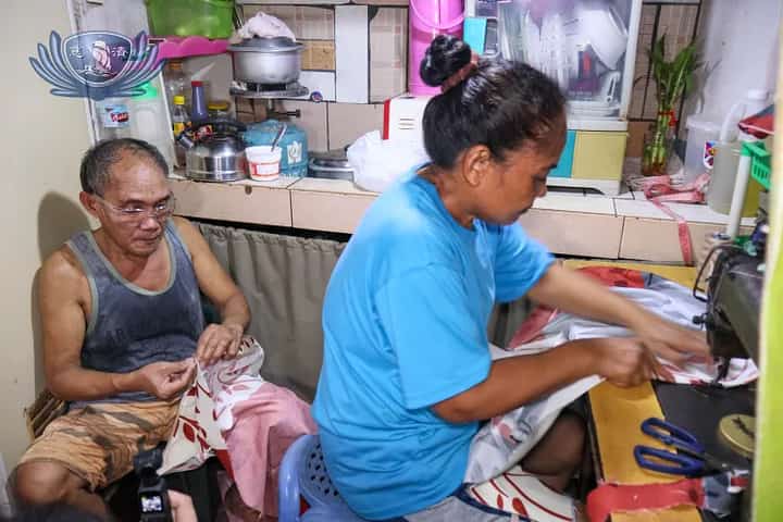Amy and Francisco Dejuco work together in making beddings and curtains. Francisco regains his vision after Dr. Bernardita Navarro, medical director of Tzu Chi Eye Center, removed his cataract.