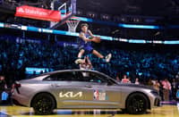 Mac McClung jumps over a car to win his third straight Slam Dunk title during the NBA All-Star Saturday at the Chase Center in San Francisco.