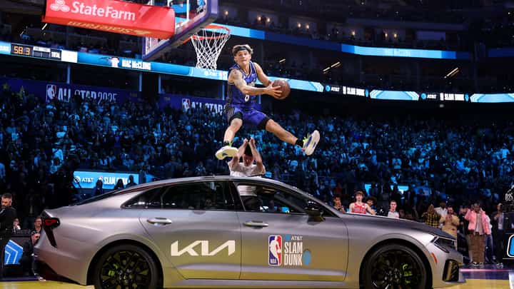 MAC McClung jumps over a car to win his third straight Slam Dunk title during the NBA All-Star Saturday at the Chase Center in San Francisco.