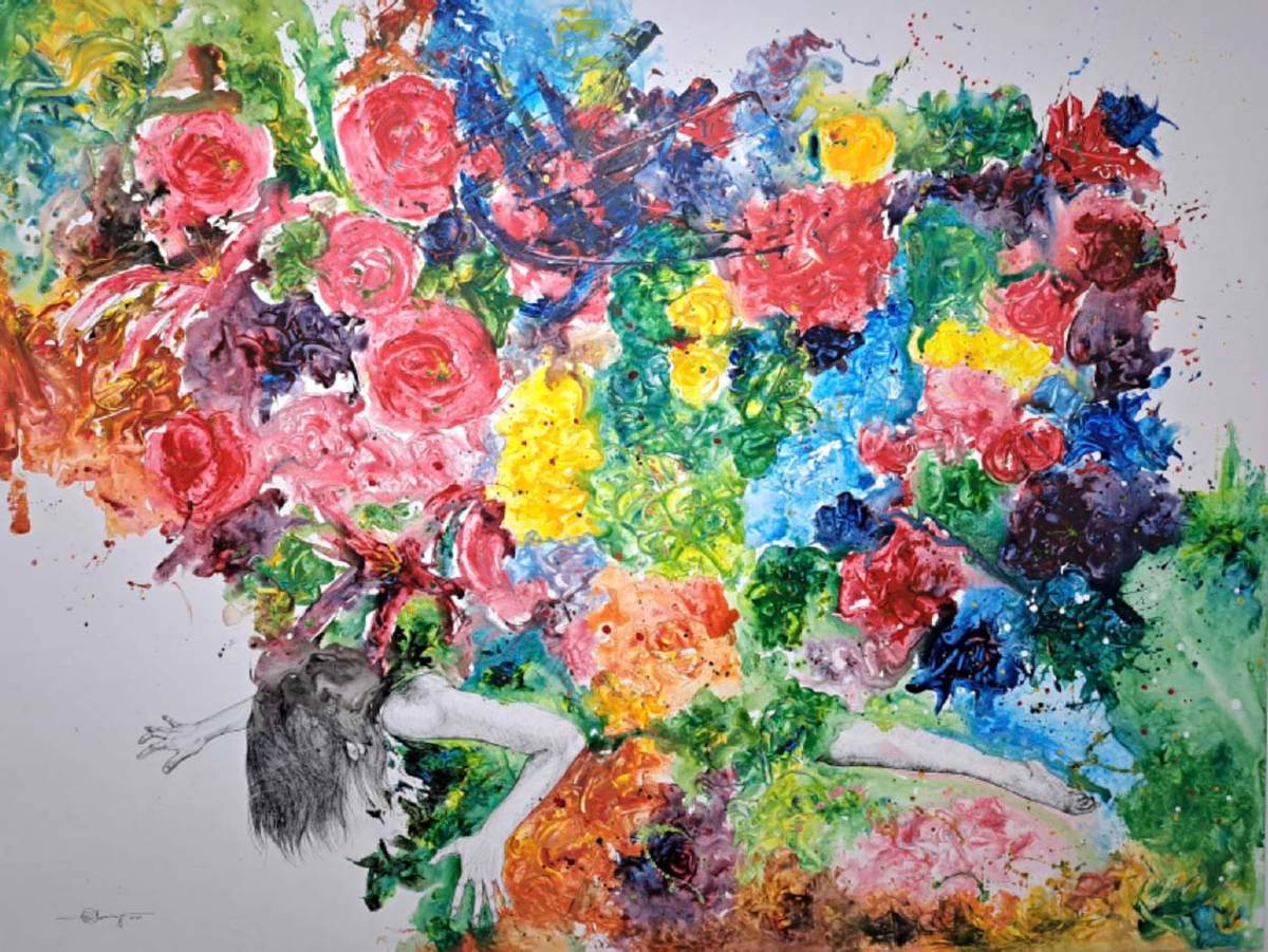 ‘Nourishment,’ acrylic and ink on canvas, 72 by 96 inches, 2025.