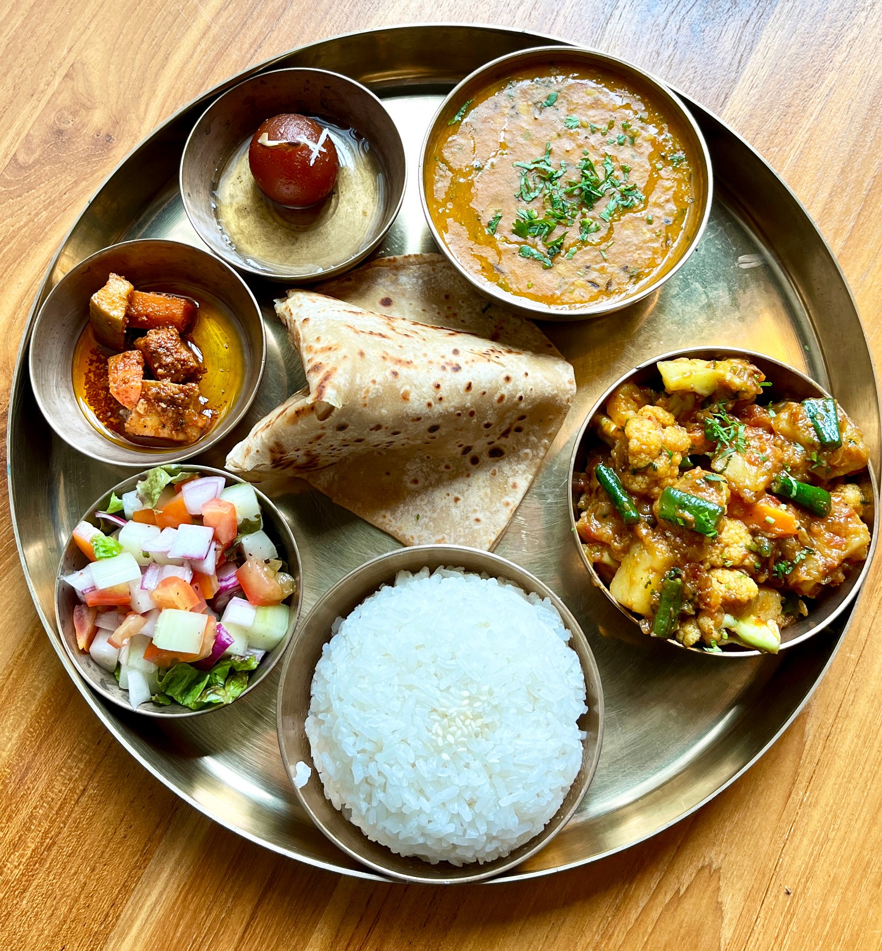 Thali, set lunch. A variety of flavors, textures and colors.