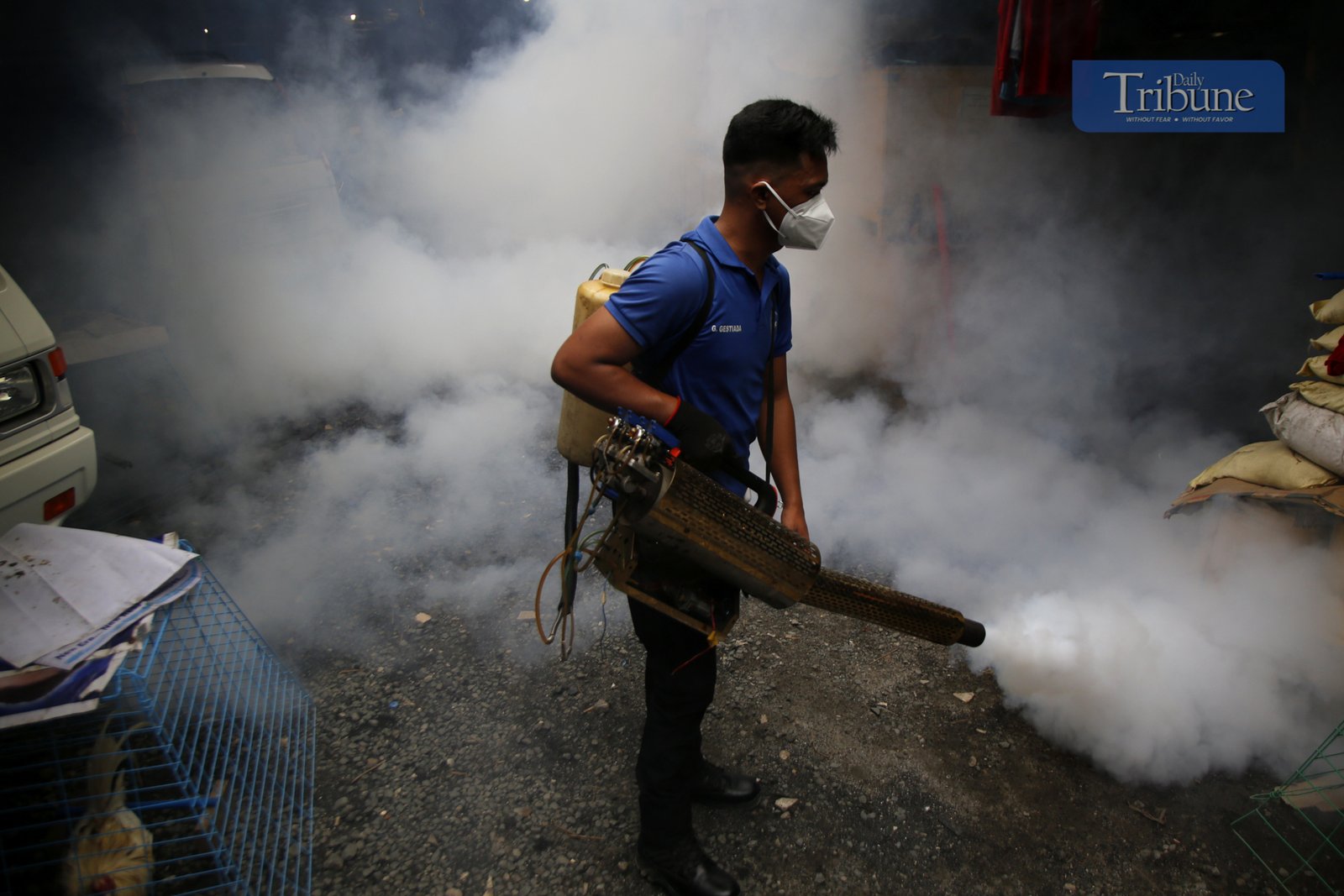 Manila City's Disaster Risk Reduction Office conducts fogging operations in Barangay 390 on 20 February 2025 as dengue cases rise, with Quezon City declaring an outbreak.