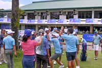 (File) Members of Eastridge-Prime Homes celebrate after posting a 21-point win over Manila Southwoods in the 76th PAL Interclub championships at Negros Occidental Golf and Country Club in Bacolod City on Friday.