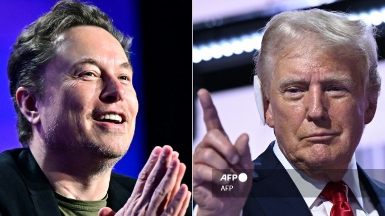 (COMBO) This combination of pictures created on 12 August 2024 shows, L-R, Tesla CEO Elon Musk speaking at the 27th annual Milken Institute Global Conference at the Beverly Hilton in Los Angeles on 6 May 2024 and former US President and 2024 Republican presidential candidate Donald Trump standing onstage during the last day of the 2024 Republican National Convention at the Fiserv Forum in Milwaukee, Wisconsin, on 18 July 2024.