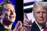 (COMBO) This combination of pictures created on 12 August 2024 shows, L-R, Tesla CEO Elon Musk speaking at the 27th annual Milken Institute Global Conference at the Beverly Hilton in Los Angeles on 6 May 2024 and former US President and 2024 Republican presidential candidate Donald Trump standing onstage during the last day of the 2024 Republican National Convention at the Fiserv Forum in Milwaukee, Wisconsin, on 18 July 2024.
