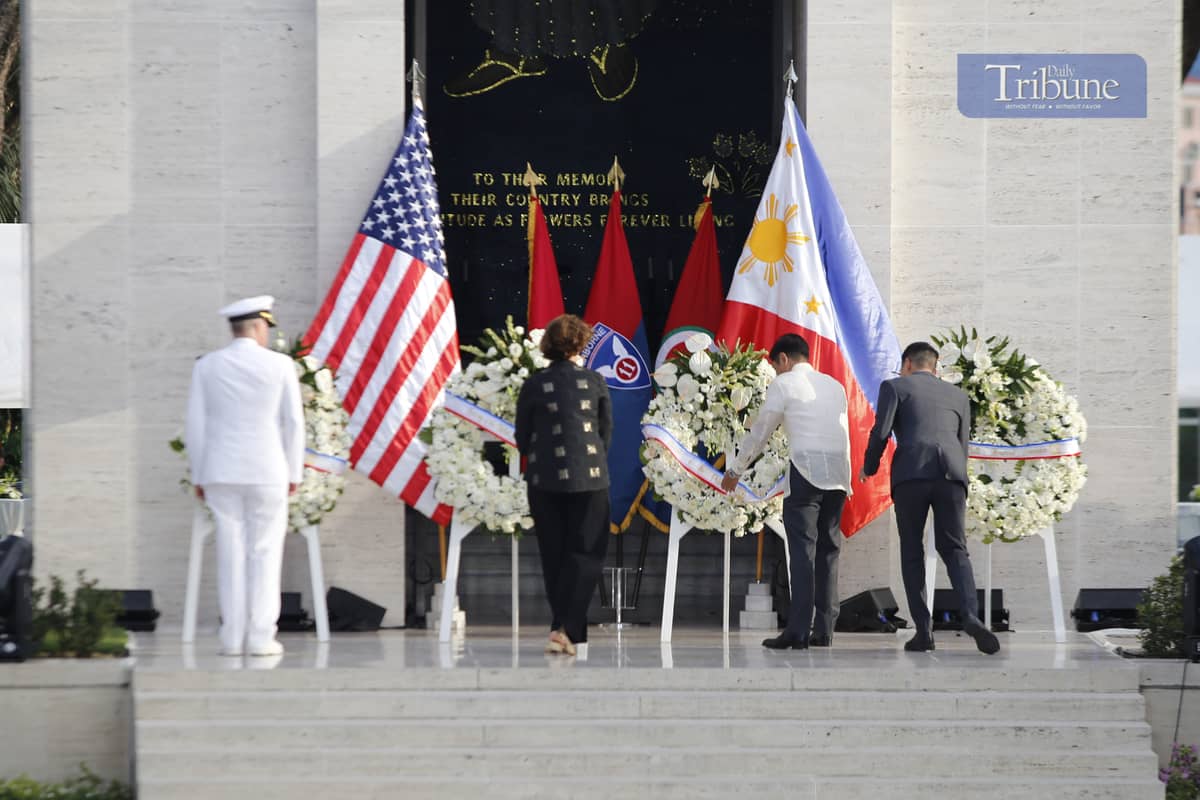 President Ferdinand Marcos Jr. leads the wreath-laying ceremony with US Ambassador to the Philippines MaryKay L. Carlson, US Indo-Pacific Command Admiral Samuel Paparo, and American Battle Monuments Commission Secretary Charles Djou at the American Cemetery and Memorial in Taguig City on 22 February 2025 to commemorate the 80th anniversary of the Liberation of Manila.