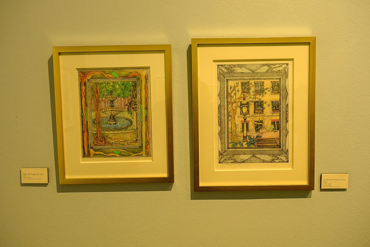 (left to right)‘Place des Vosges #1, Paris,’ 2023, mixed media, 30xm x 24cm & ‘Le Parc de Richard Lenoir, Paris,’ 2019-2022, mixed media, 36cm x 25cm.