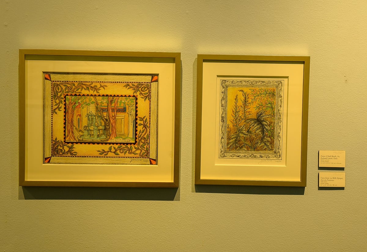 (left to right) ‘From A Park Bench, Av, Richard Lenoir, Paris,’ 2019-2022, mixed media, 32cm x 24cm & ‘View from La Belle Epoque, Aix-en-Provence,’ 1992-2023, mixed media, 30cm x 38cm.