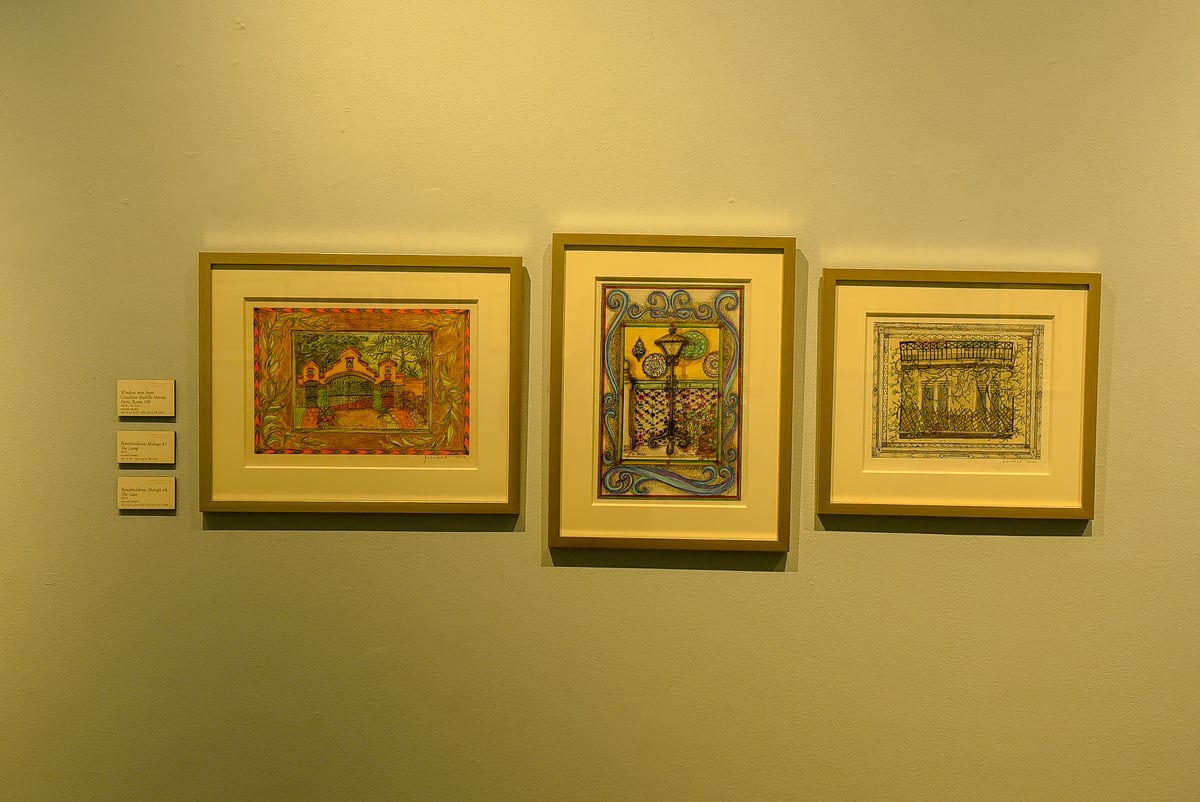 (left to right) ‘Window seen from Citadines Bastille Marais, Paris, Room 108,’ 2019-2022, mixed media, 25cm x 29cm, ‘Benalmadena, Malaga #3: The Lamp,’ 2023, mixed media, 25cm x 36cm & ‘Benalmadena, Malaga #4: The Gate,’ 2023, mixed media, 27cm x 37cm.