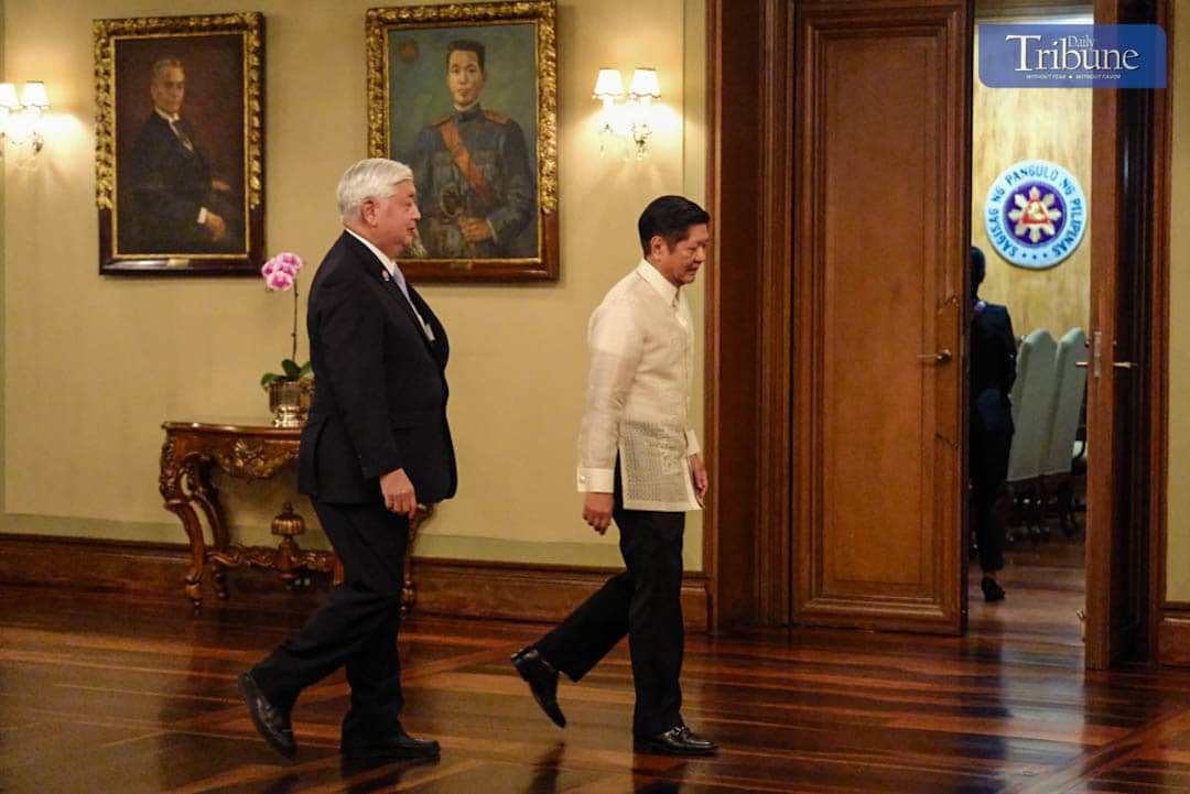 President Ferdinand Marcos Jr. and Japan's Defense Minister Nakatani Gen walks towards their meeting venue for the courtesy call on Monday, 24 February 2025.
