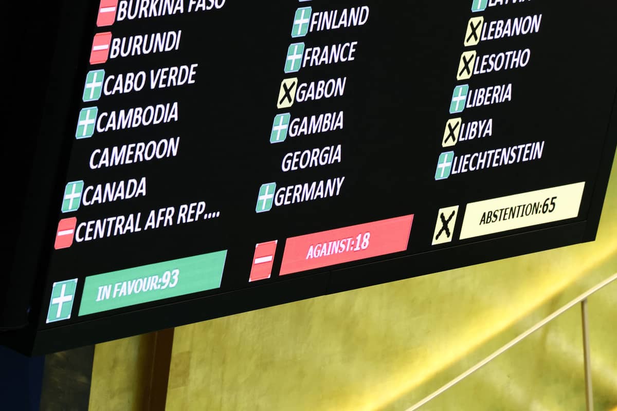 NEW YORK, NEW YORK - 24 FEBRUARY: Results of votes on a draft resolution are displayed during a United Nations General Assembly meeting for a special session at the United Nations headquarters in New York City. The General Assembly continued it's eleventh emergency special session as they prepare to vote on an annual resolution condemning Russia’s invasion of Ukraine. The Trump administration has called on Ukraine to withdraw the resolution and to replace it with a U.S.-sponsored statement calling for an end to the conflict that contains no mention of Russian responsibility. The vote comes on the three-year anniversary of Russia’s full-scale invasion of Ukraine.