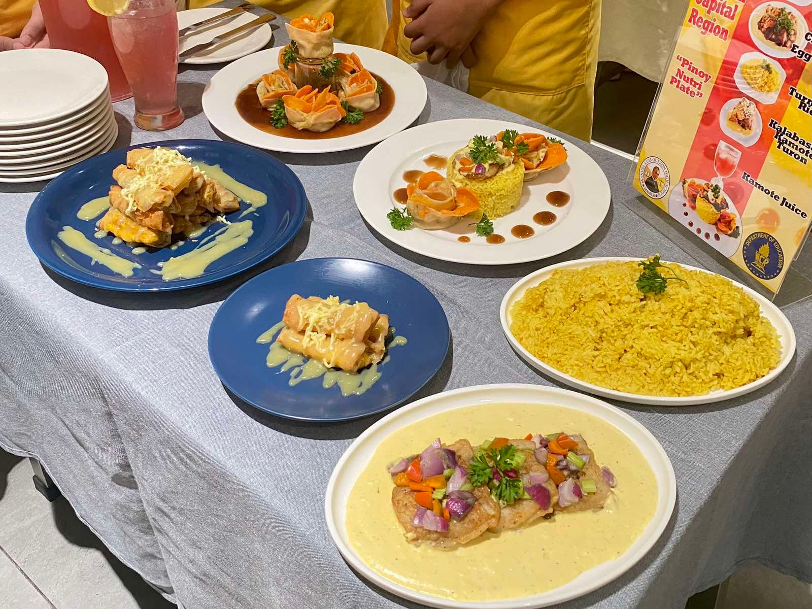 Veggie Flower, Steamed Cream Dory with Egg Yolk Sauce, Kalabasa and Kamote Turon, and Kamote Juice.