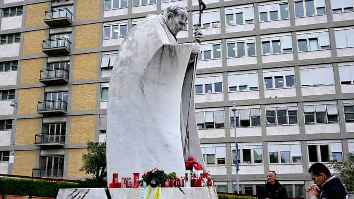 Pope in prayers Like countless Cathokics around the world, a man prays at the statue of John Paul II outside the Gemelli hospital where Pope Francis has been hospitalized for double pneumonia in Rome. Pope Francis, 88, entered his 11th day at the Gemelli hospital in Rome, making this the longest hospitalization of his papacy.