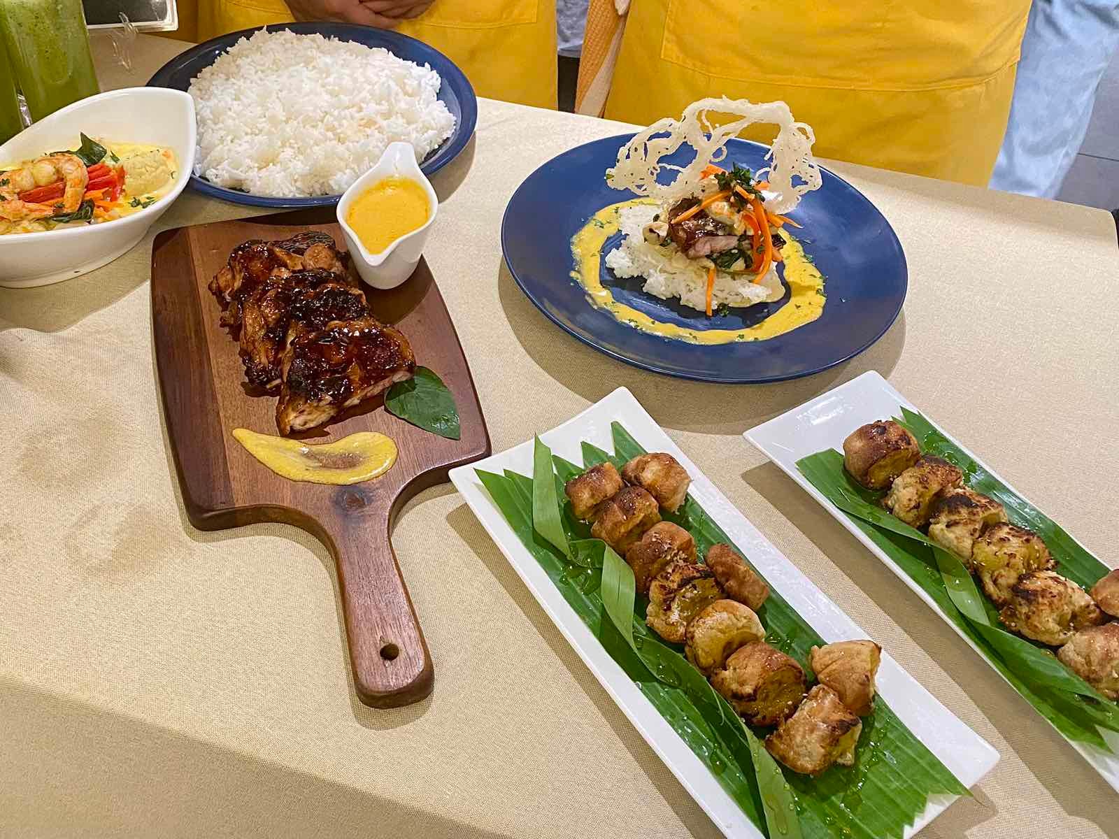 Pan-Seared Chicken with Salted Egg Sauce, Banana Puff Bites, and Cucumber-Calamansi Juice