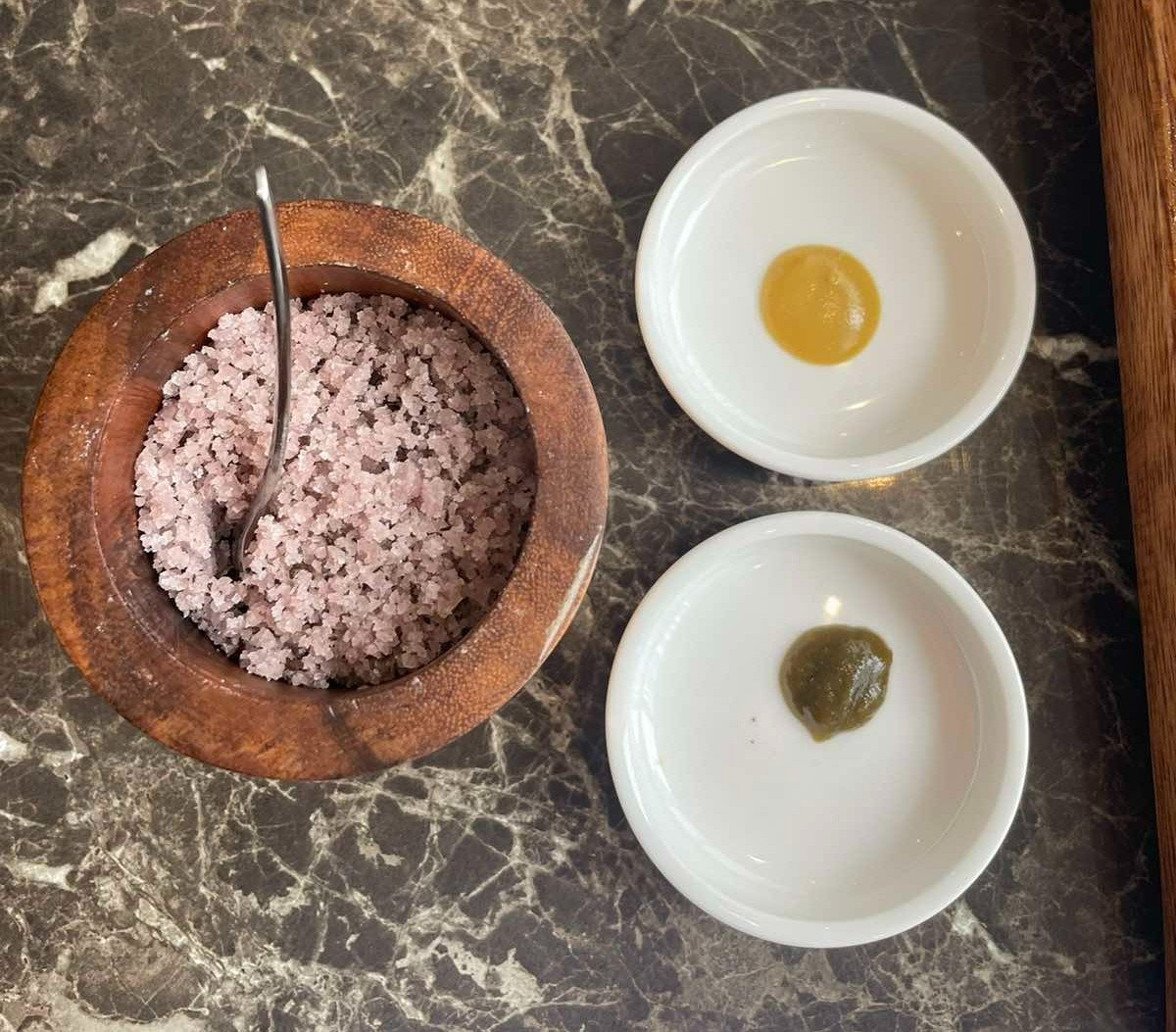 Red wine salt, yuzu paste, and hot mustard